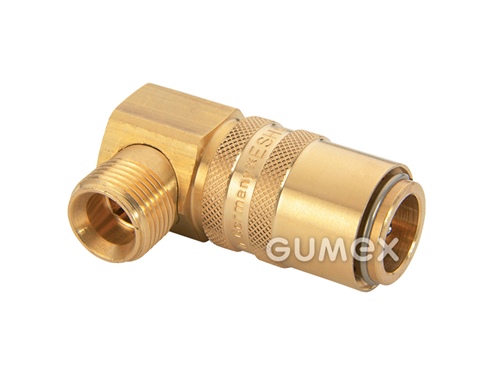Plastikárska rýchlospojka ESH, DN9, s uhlovým 90° vonkajším závitom G 3/8", s ventilom, 15bar, tesnenie viton potiahnutý PTFE, -20°C/+200°C, mosadz